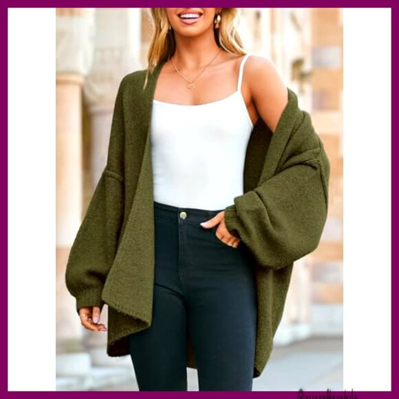 Oversized Chunky Knit Cardigan Long Lantern Sleeve Open Front Sweater Coat - Picture 4 of 5